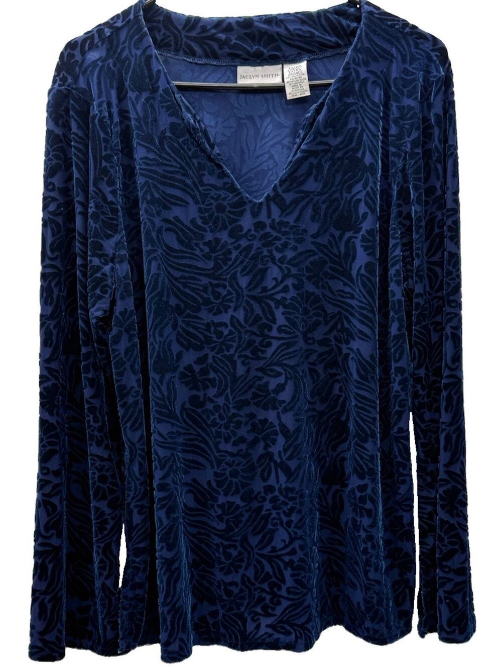 Jaclyn Smith Women’s Extra Large Blue Burnout Velvet Floral Top Long Sleeve